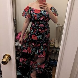 NWT Dress The Population Black Embroidered Floral Midi Dress Size M